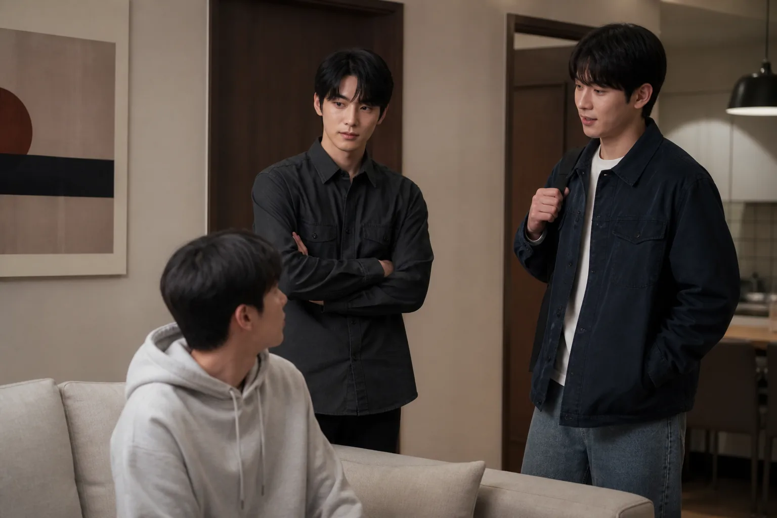 Suspenseful apartment interior with a hidden phone and two wary figures