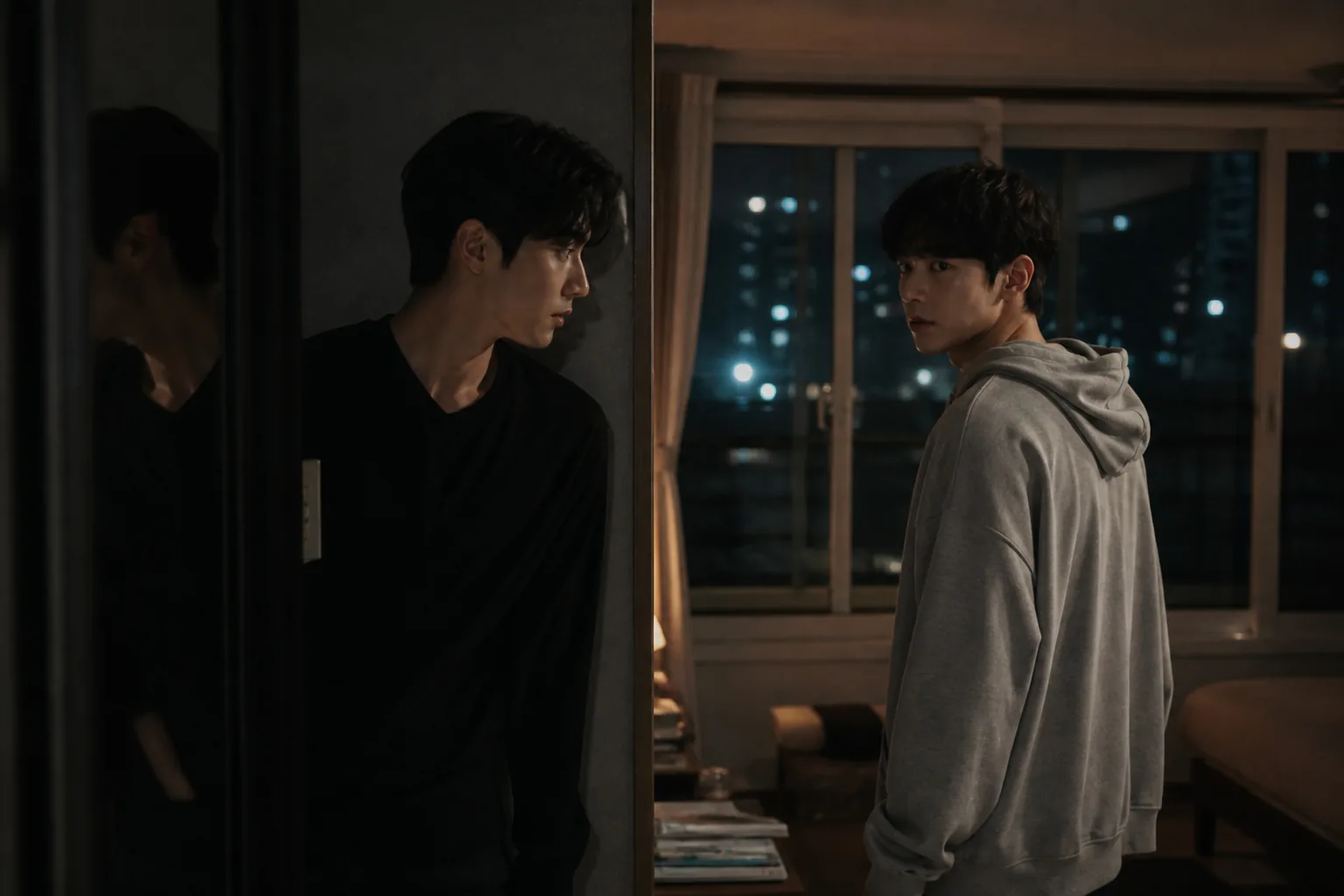 Two men facing each other across a dim apartment as trust and danger collide