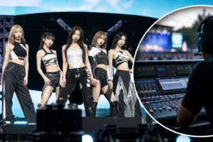 Editorial visualization of a large outdoor music festival stage and professional broadcast audio equipment