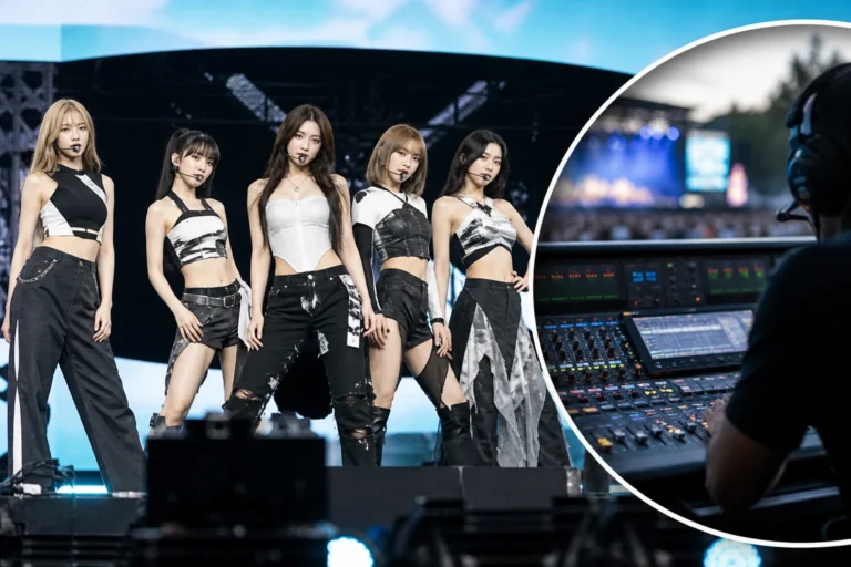 Editorial visualization of a large outdoor music festival stage and professional broadcast audio equipment