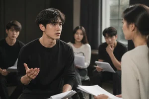 Editorial visualization of young acting students rehearsing together in a Korean arts university studio