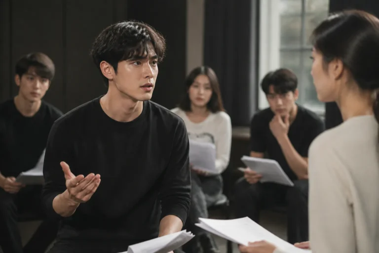 Editorial visualization of young acting students rehearsing together in a Korean arts university studio