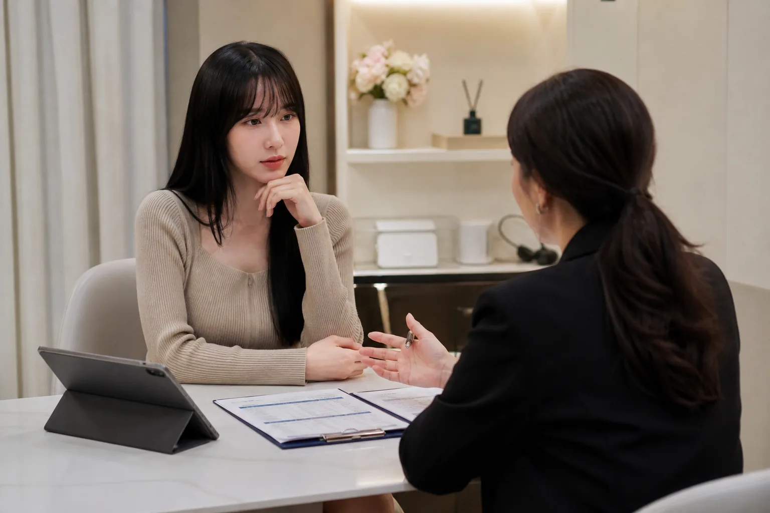 Consultant reviewing appearance finances age family and education categories during matchmaking