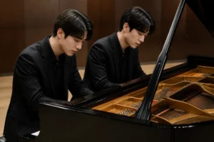 Grand piano on a concert stage representing Four Hands, Two Sonatas
