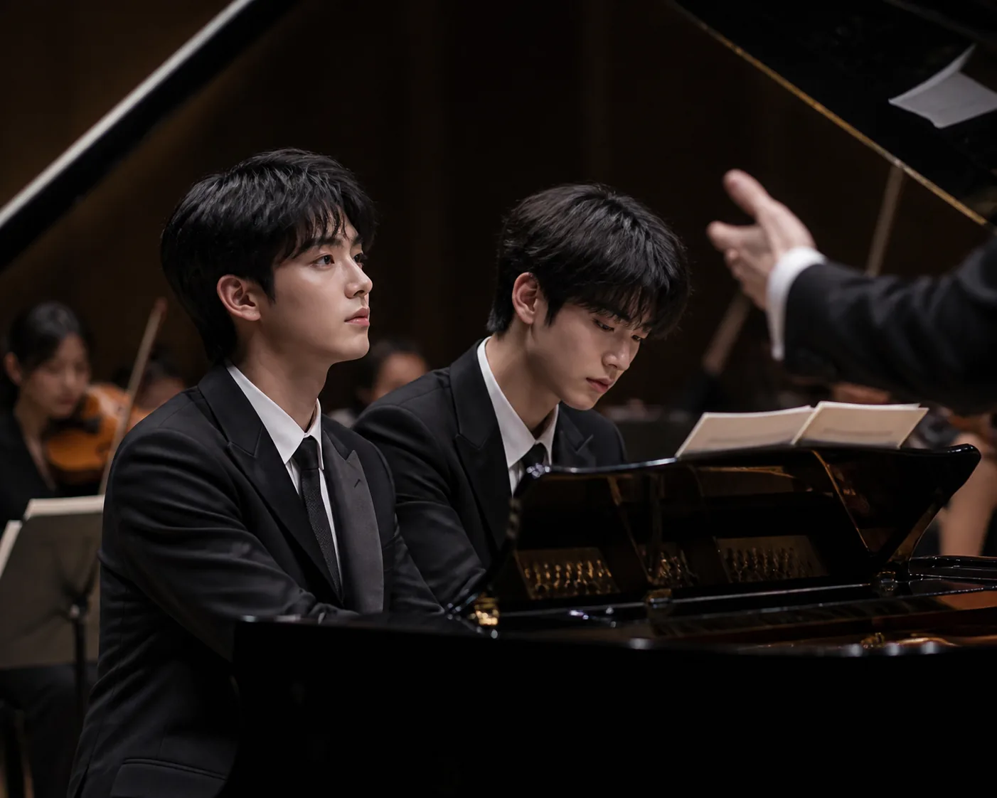 Two young pianists performing with contrasting styles on a concert stage