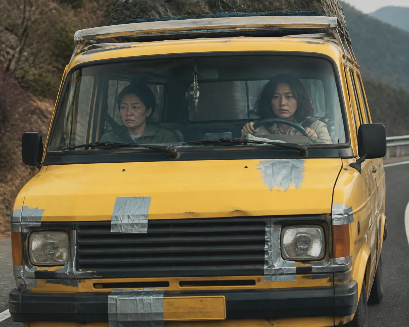 Patched yellow van traveling through the mountains on a tense family journey