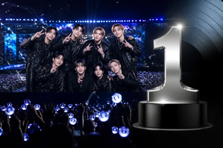 K-pop concert stage representing Stray Kids' ninth Billboard 200 number one