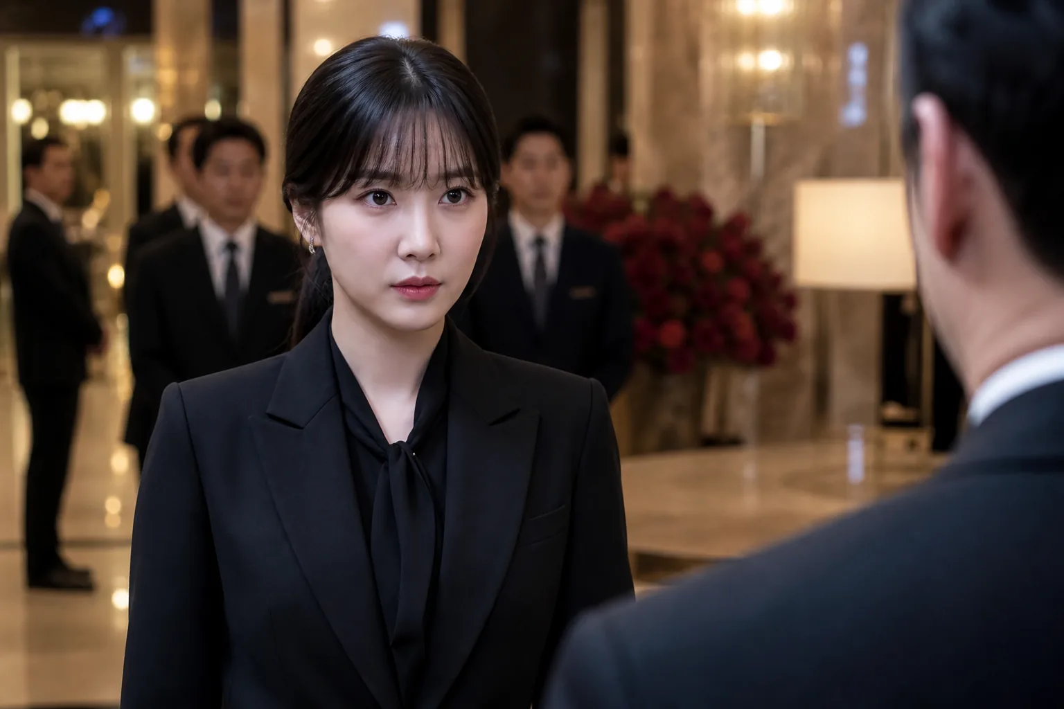 기업 스캔들 속에서 취재진을 마주한 자신감 있는 호텔 경영자