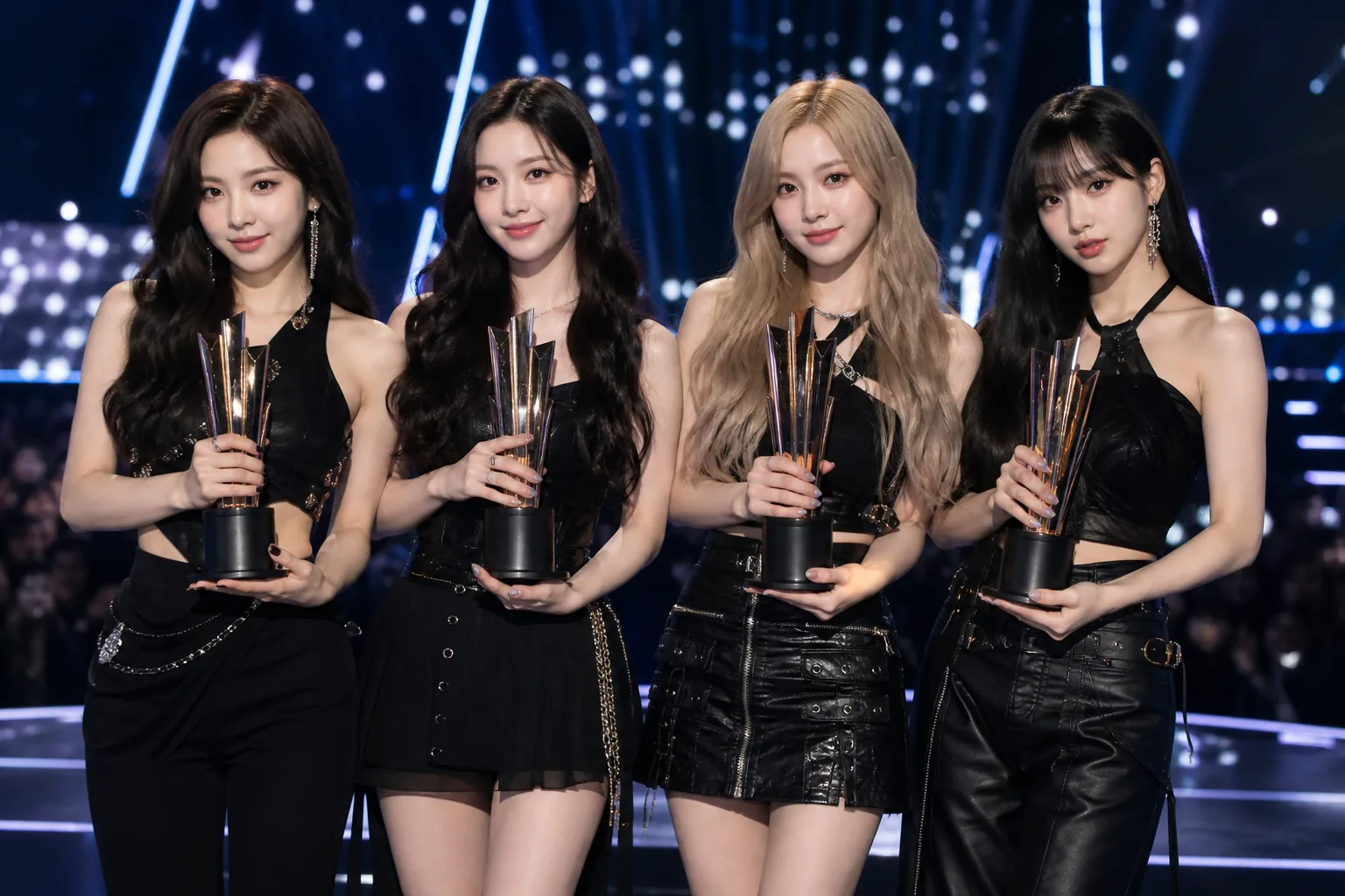 Artists receiving trophies beneath gold lights at an international music awards ceremony