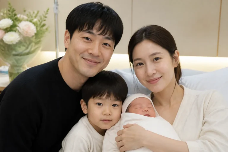 Warm family-themed editorial image marking Park Hae Soo's second son's birth