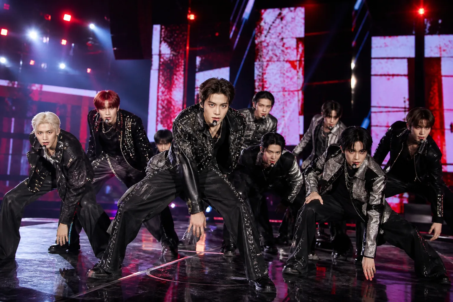 Five-member K-pop performance scene reflecting NCT 127's BLINGY choreography