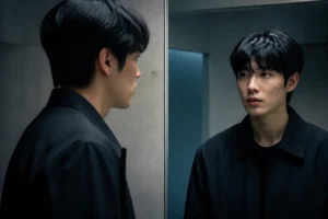 A man confronting his identical double in a dark identity thriller