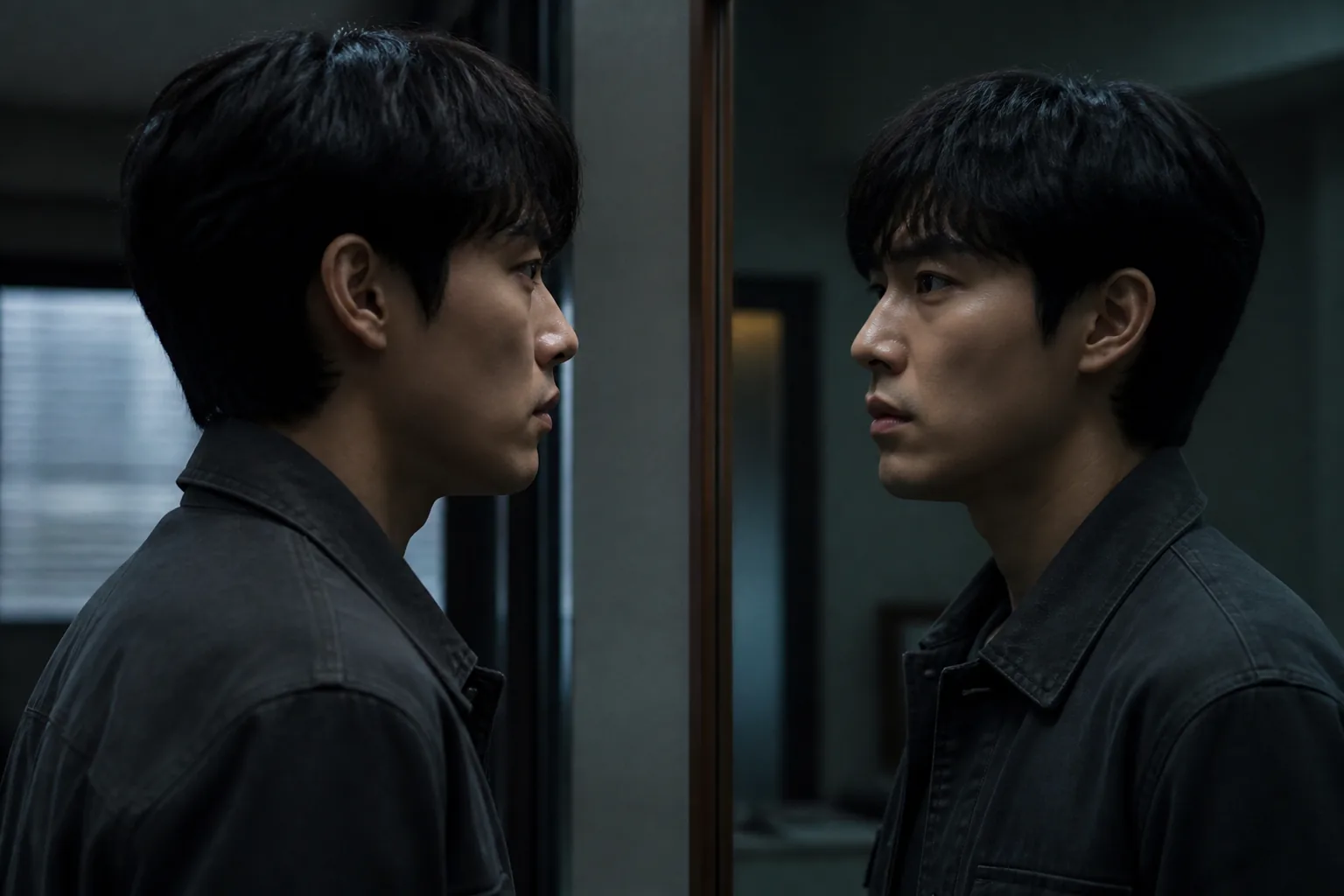 Two identical men separated by a barbed-wire fence in an identity thriller