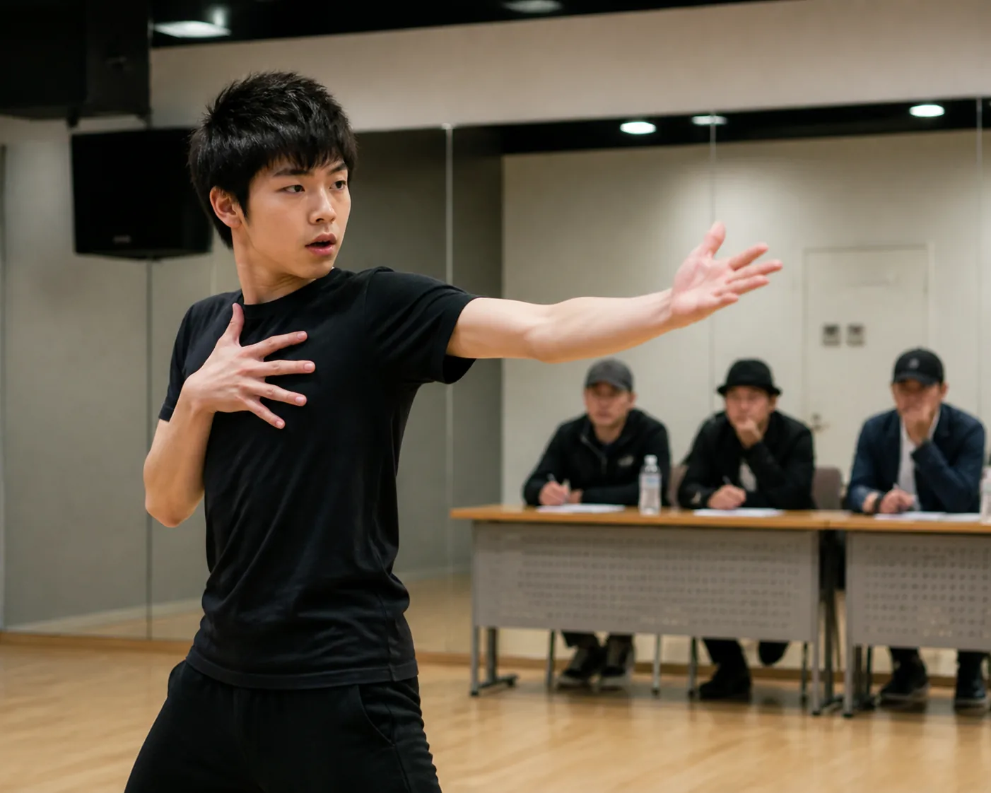 Aspiring performer rehearsing dance moves before an agency audition