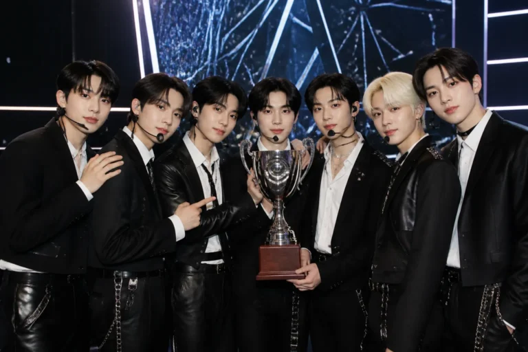 Editorial image representing ENHYPEN's five music show trophies for Bloody Paradise