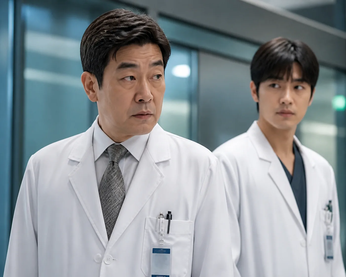 Hospital director and young intern representing opposing forces around a genius surgeon