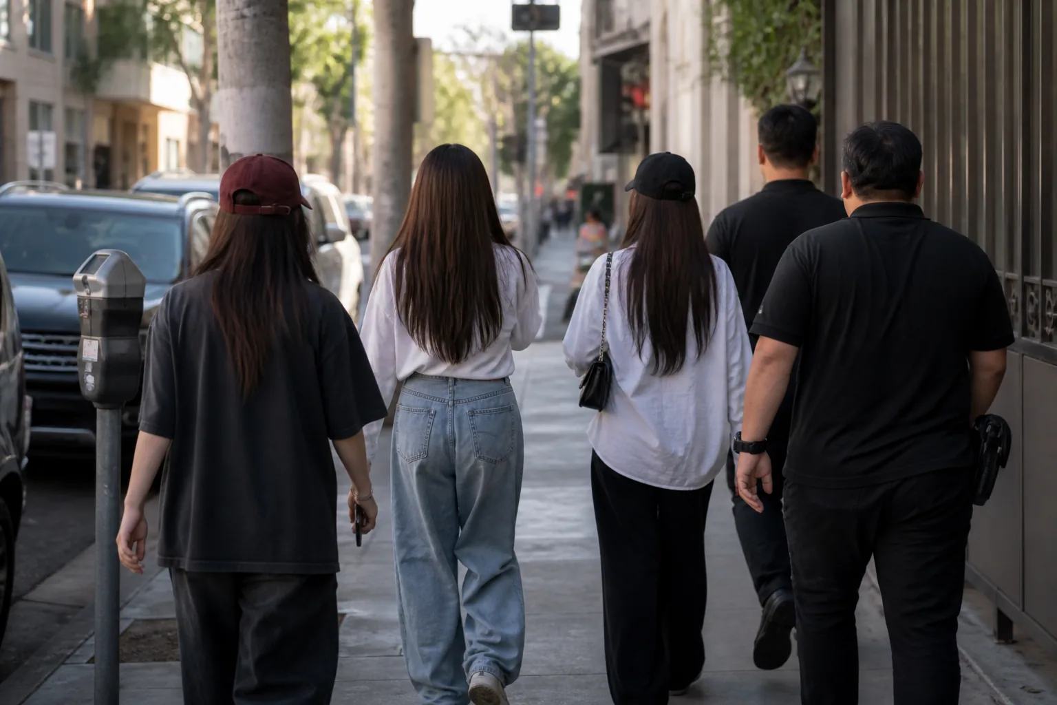 Small group walking on a Los Angeles street while maintaining awareness of their surroundings