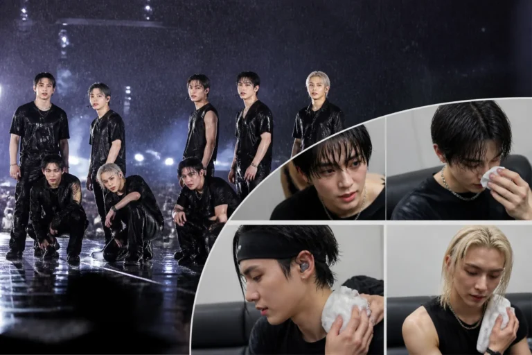 Rain-soaked outdoor concert stage representing Stray Kids' Tokyo performance