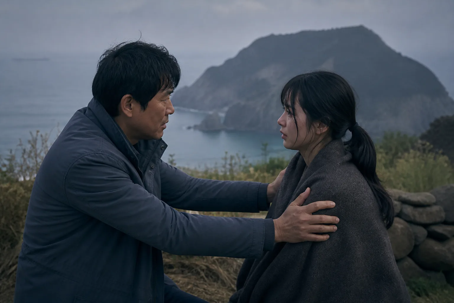 Father and daughter approaching a mysterious island in search of treatment