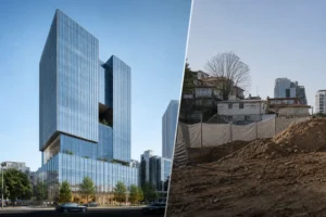 Modern entertainment company headquarters project in Seoul representing JYP Entertainment's paused development