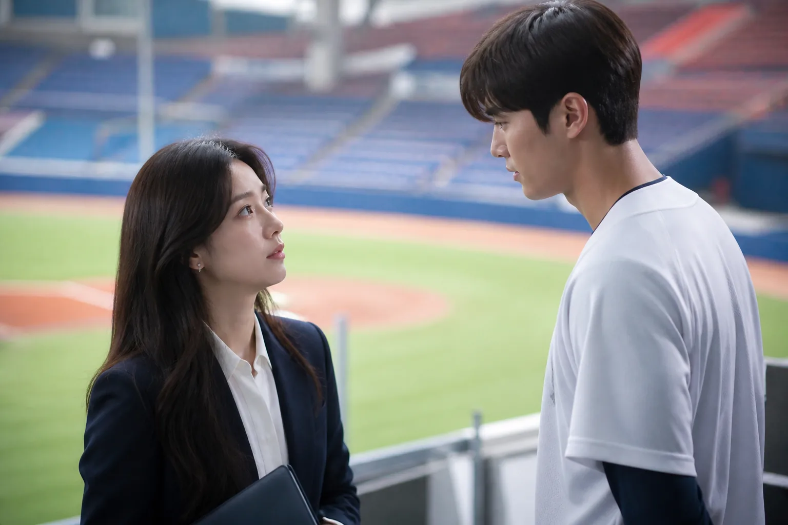 Confident sports agent entering a professional baseball stadium