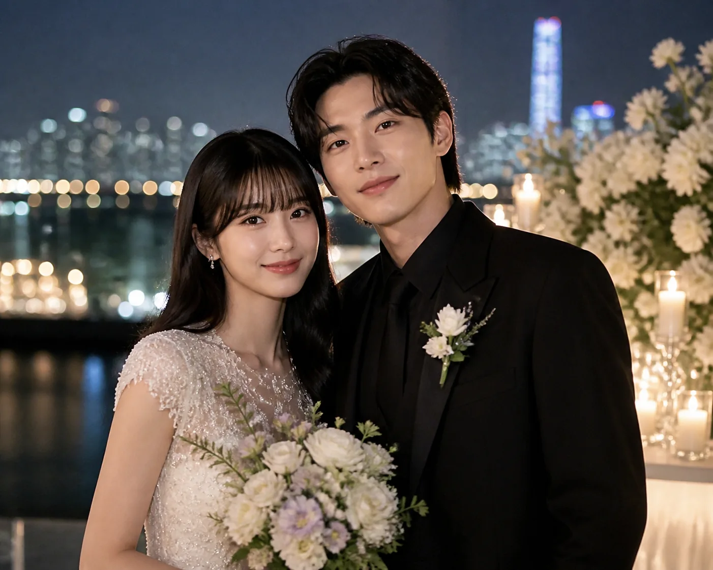 Wedding rings and flowers symbolizing Ji Ye Eun and Vata's engagement announcement