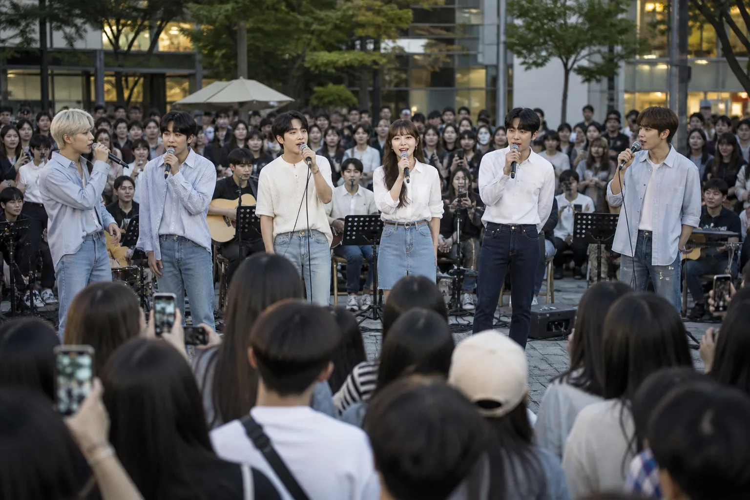 협업 라이브 공연을 위해 준비된 마이크와 뮤지션들