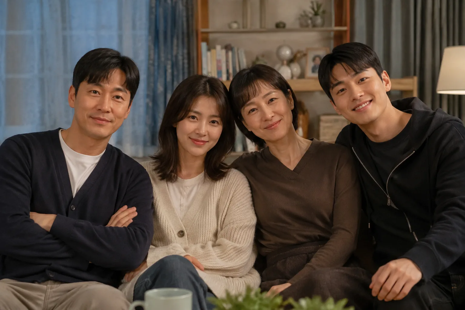 가족 거실에서 어머니와 함께 모인 성인 삼남매
