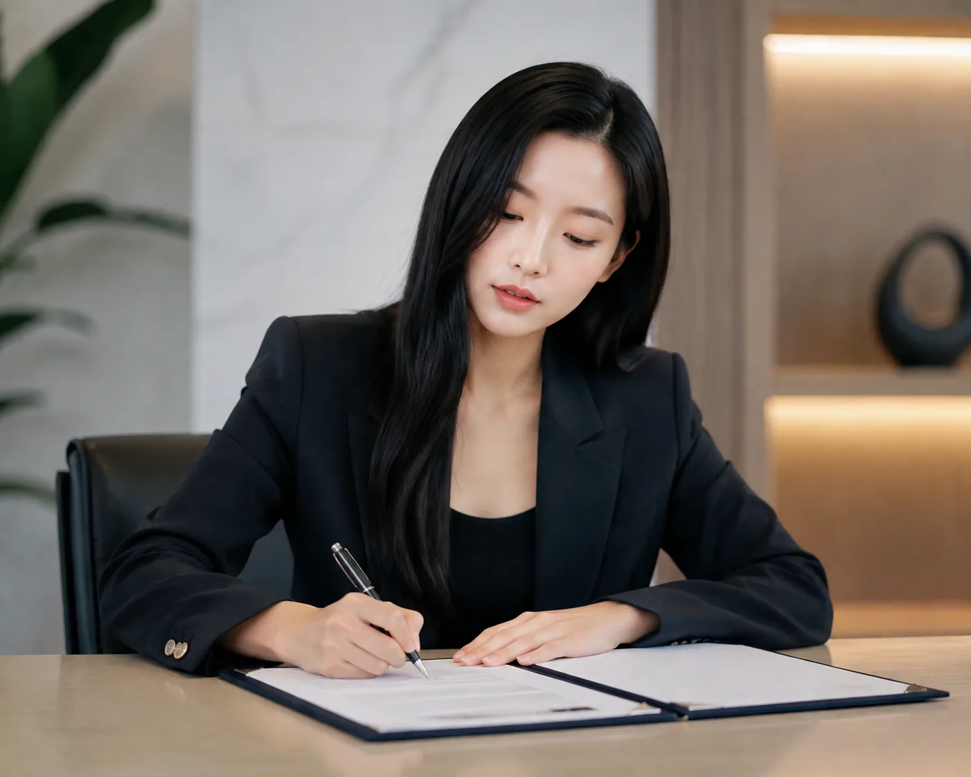 창작 스튜디오에서 음악과 영화 자료를 검토하는 가수