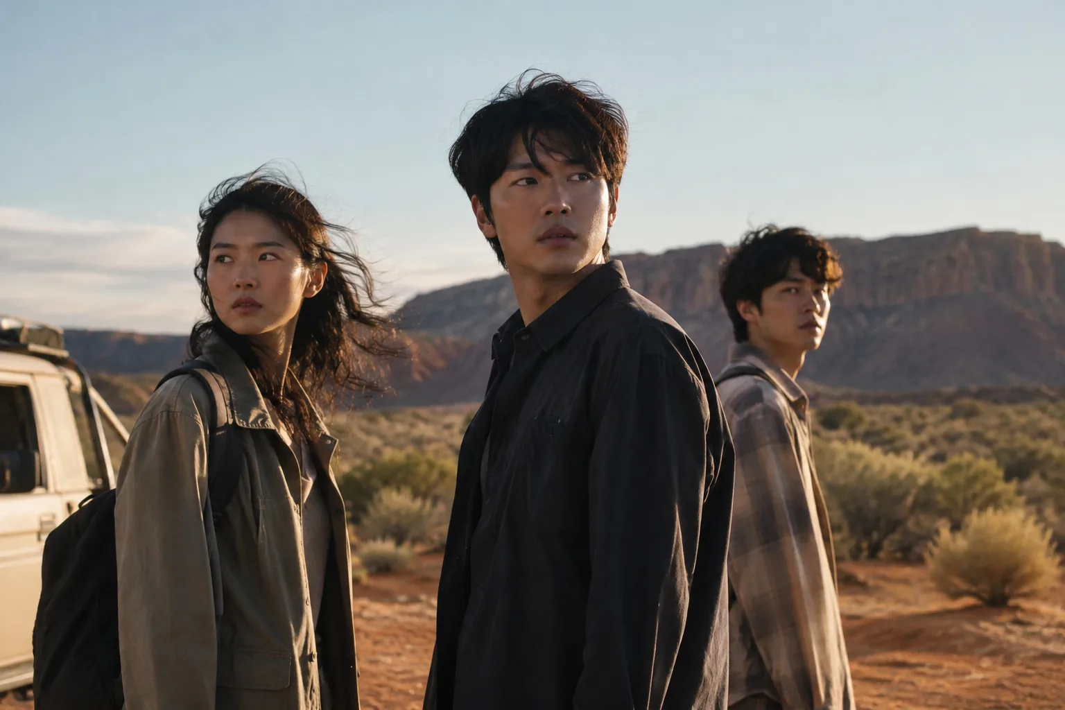 Five interconnected figures in an atmospheric Australian mystery setting