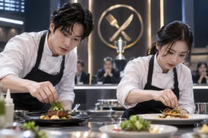 Professional chefs preparing for a dramatic Korean culinary competition