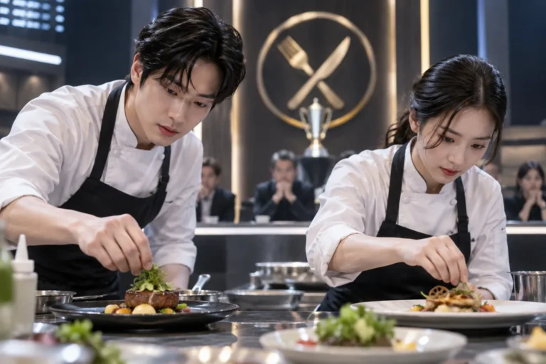Professional chefs preparing for a dramatic Korean culinary competition
