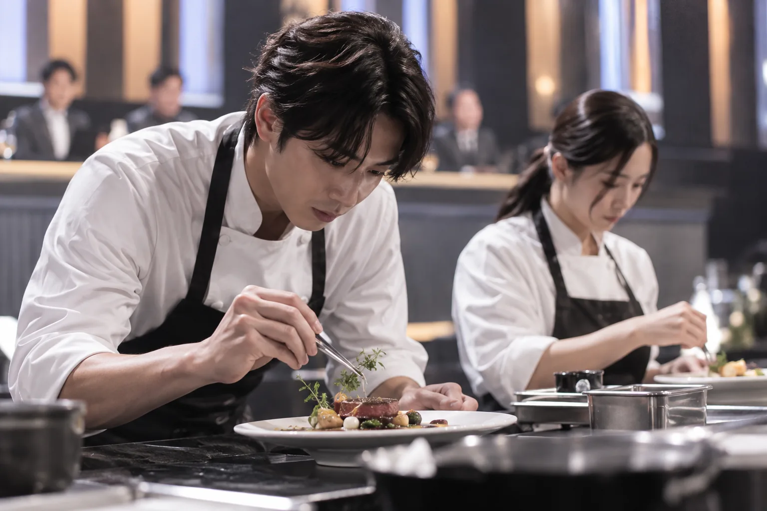 Focused chef presenting a refined Korean dish before competition judges