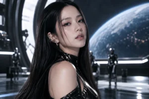 Futuristic female performer in a cinematic abandoned amusement park