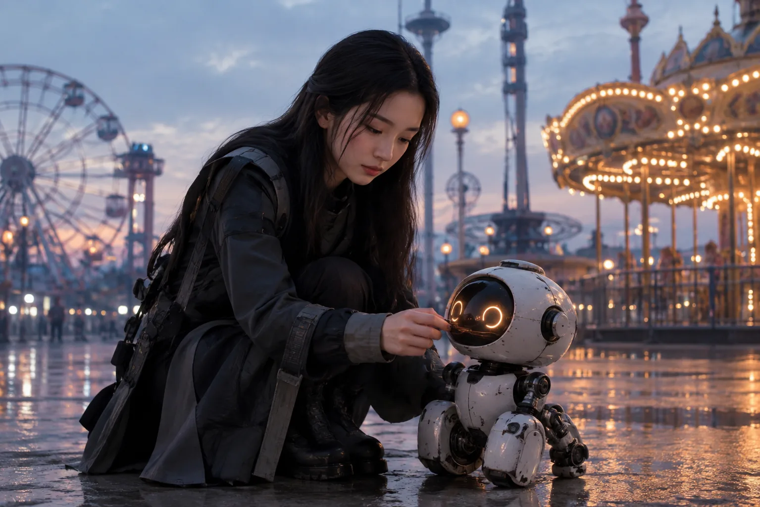 Lone futuristic performer discovering a small robotic companion in an abandoned amusement park