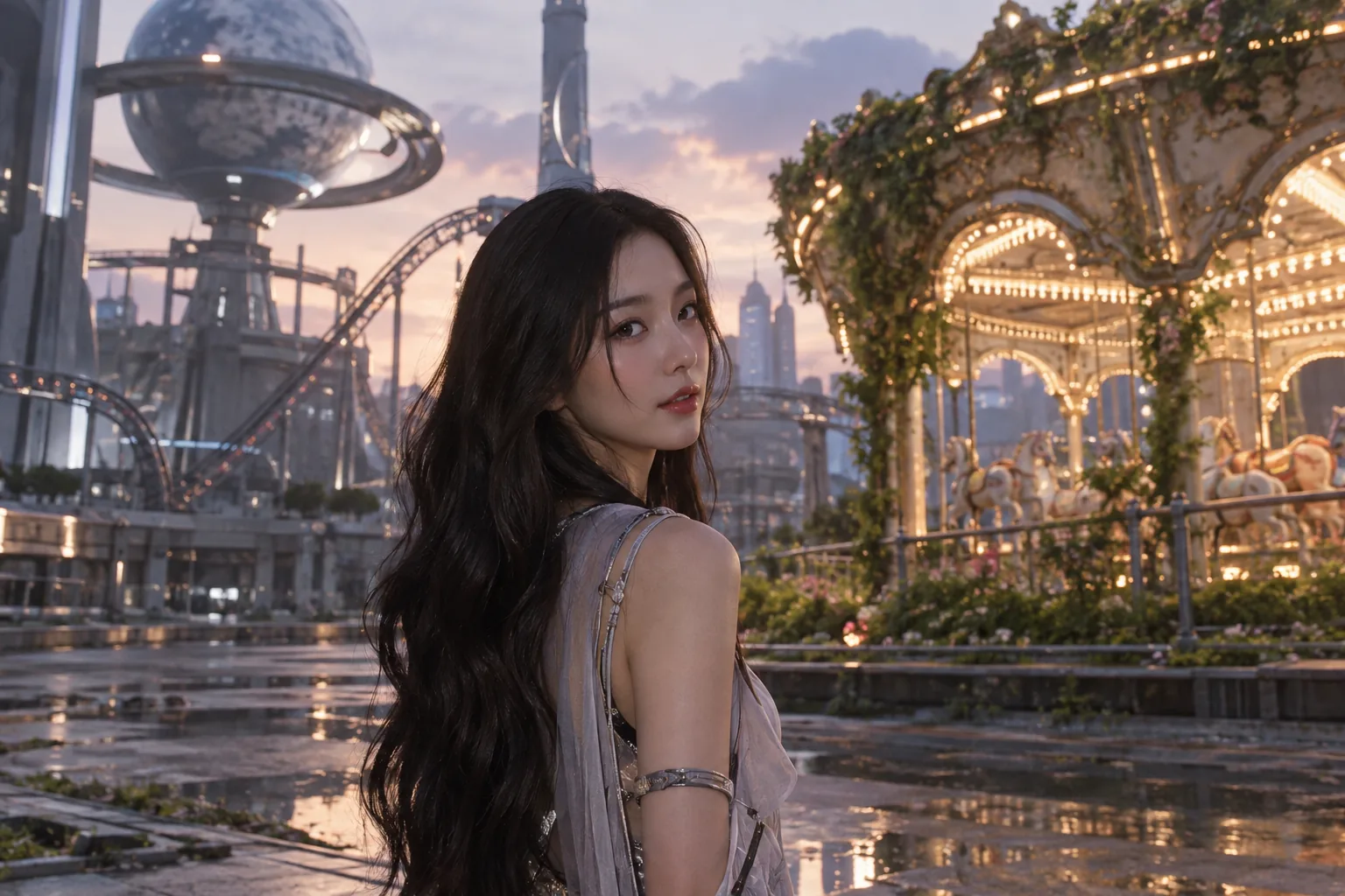 Abandoned amusement park returning to life with warm lights and futuristic details