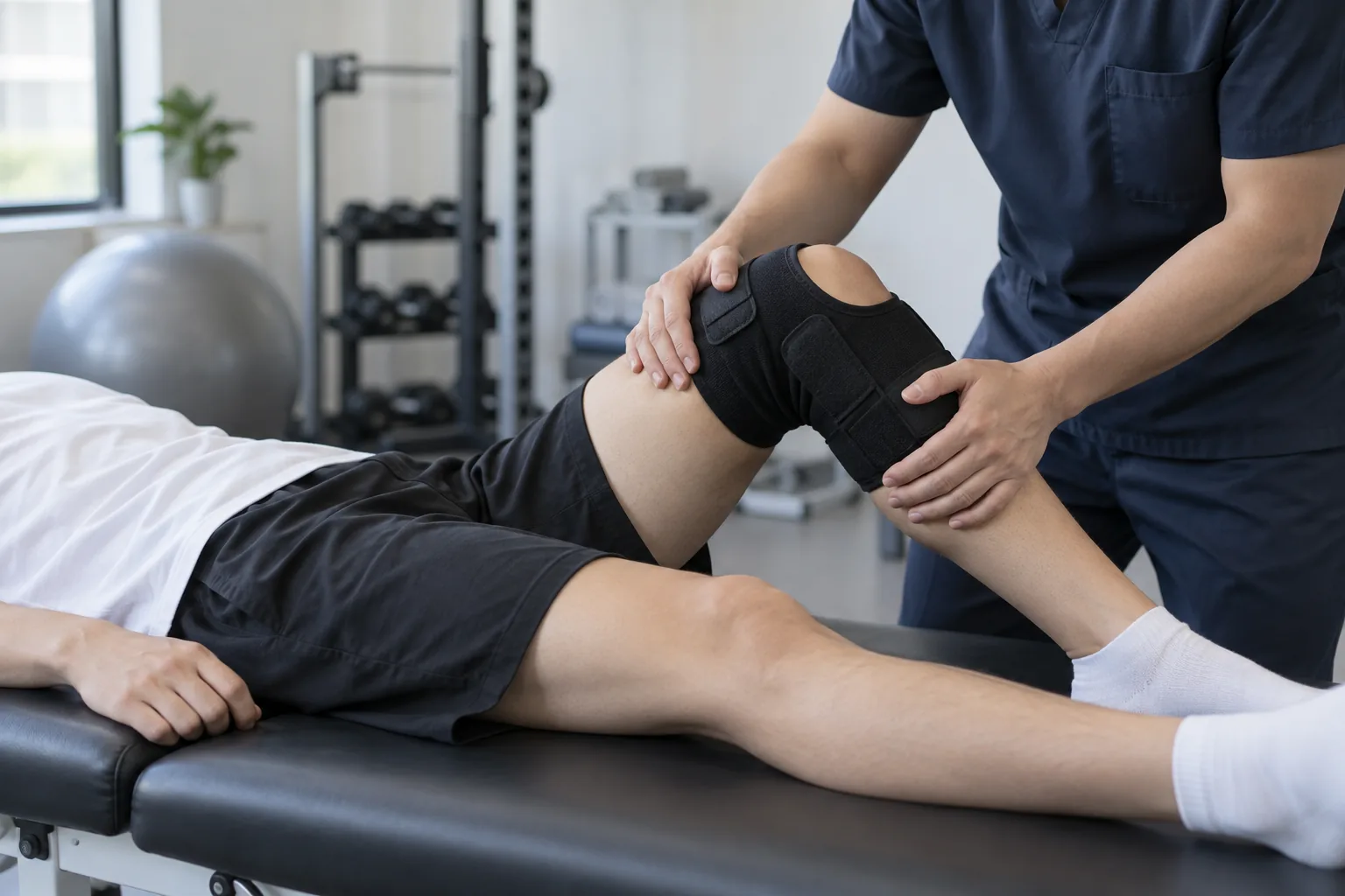 Performer completing careful knee rehabilitation exercises in a treatment room