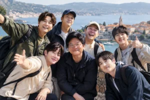 Three pairs of longtime celebrity friends beginning a relaxed group journey