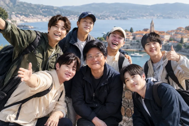 Three pairs of longtime celebrity friends beginning a relaxed group journey