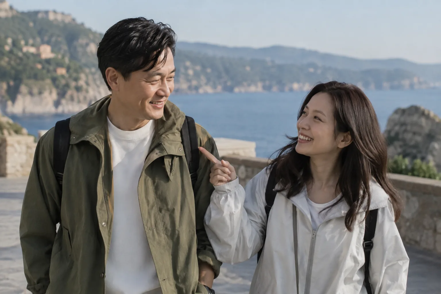 Actor friends sharing playful conversation during a scenic trip