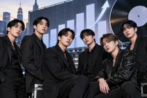 Editorial image representing MONSTA X's Billboard chart milestone with The Phase