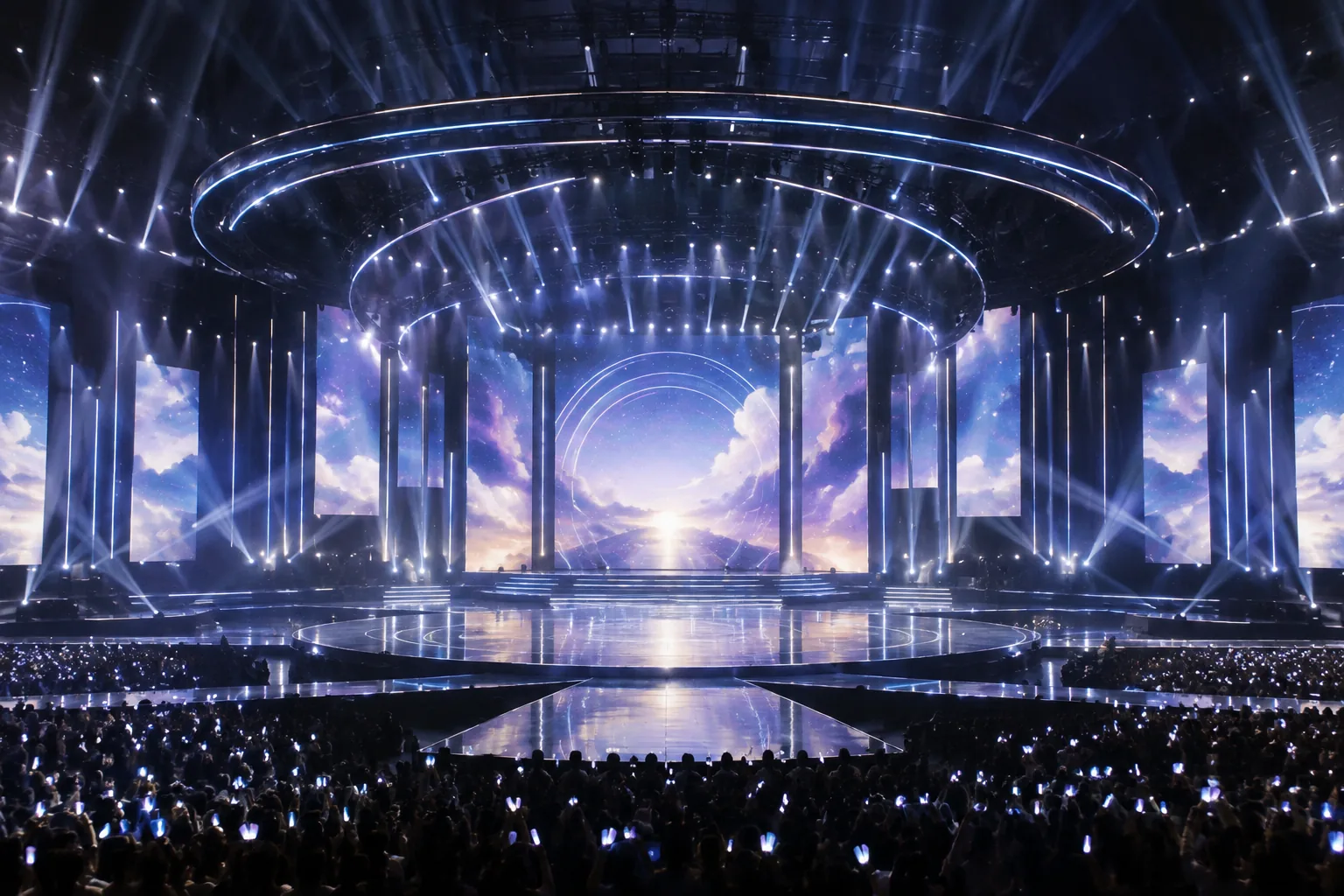 Five K-pop acts represented on a large awards ceremony stage