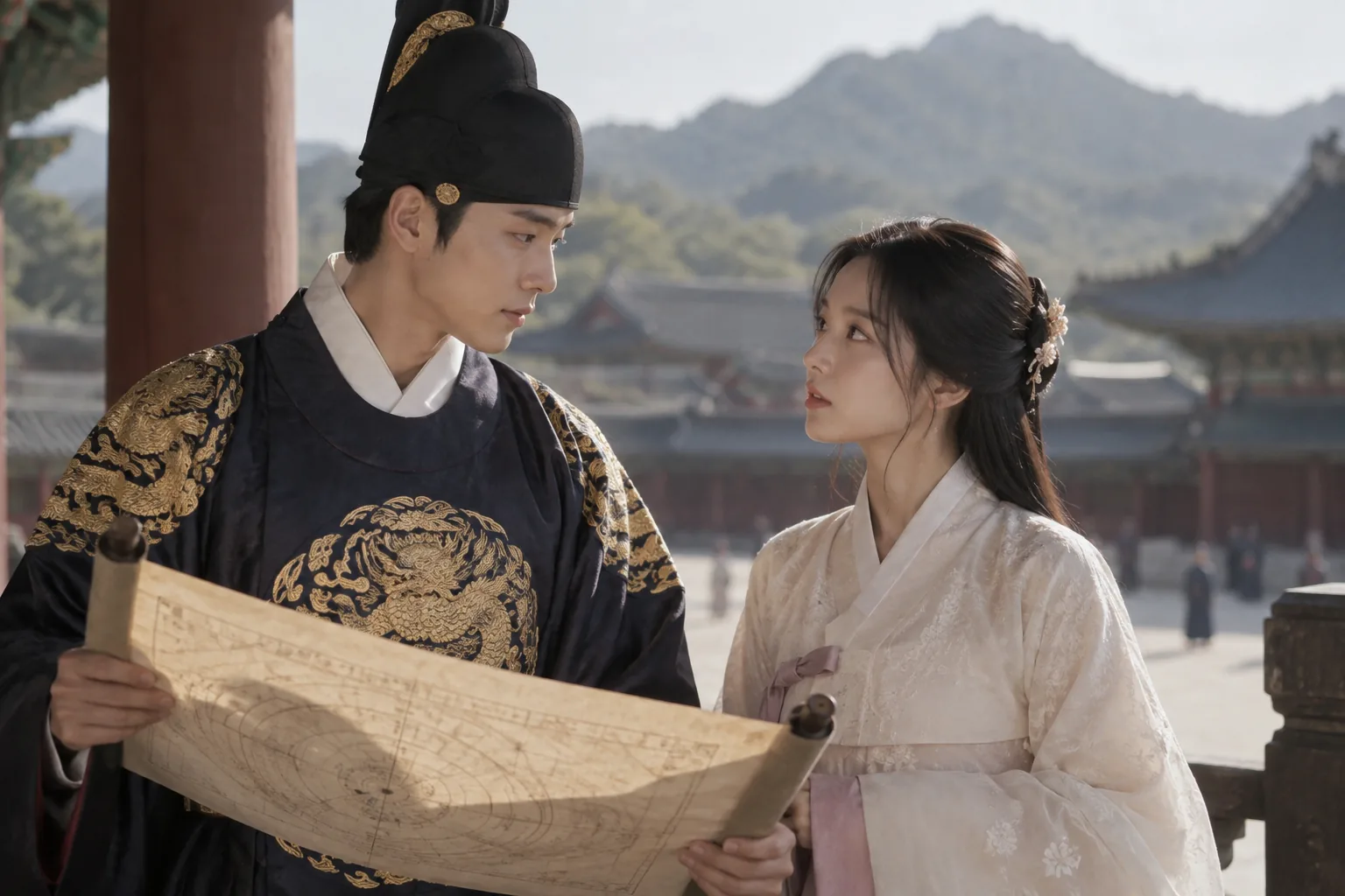 Joseon crown prince and mysterious woman meeting inside a palace