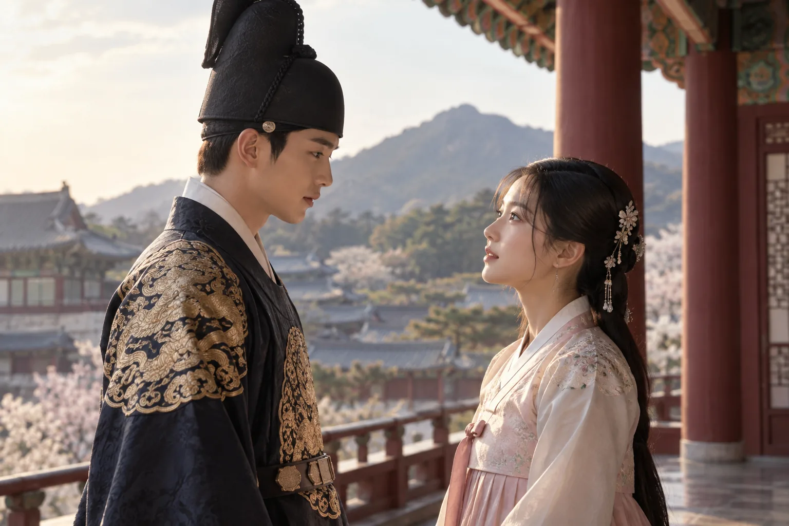 Joseon scientist prince studying plans with a palace adviser