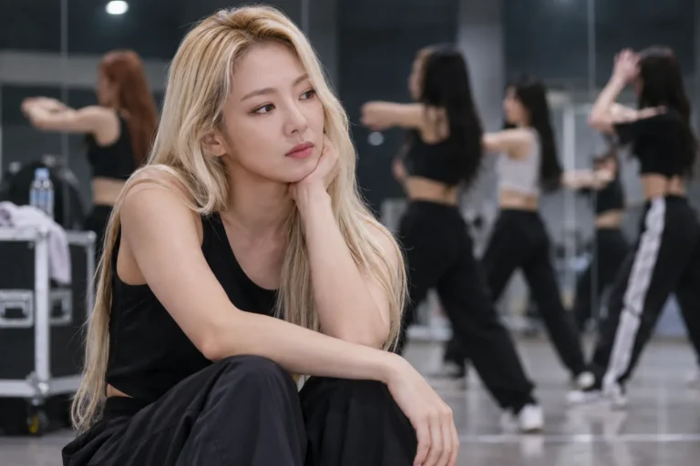 K-pop performer reflecting during a quiet rehearsal break