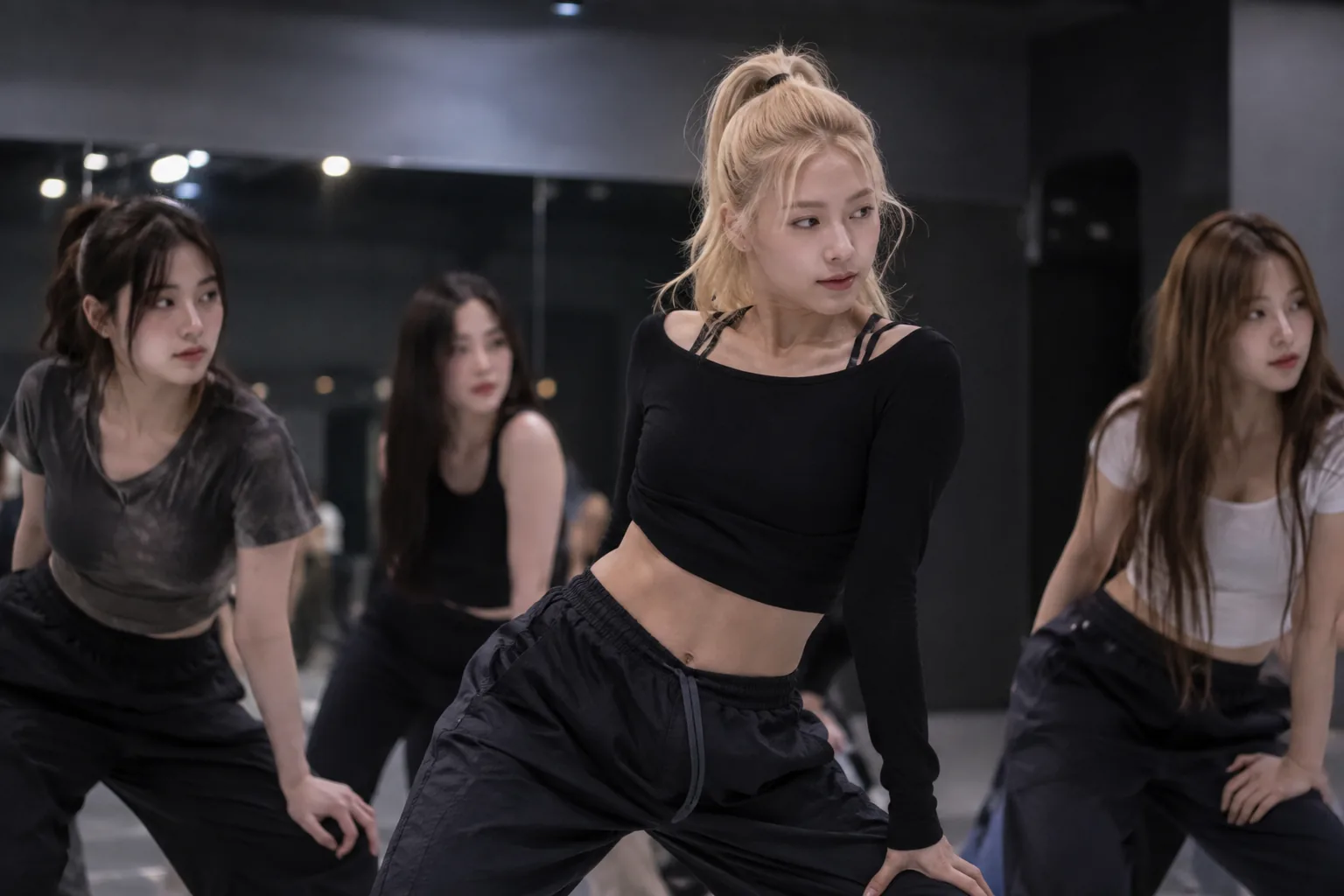 Large idol group practicing together in a dance studio