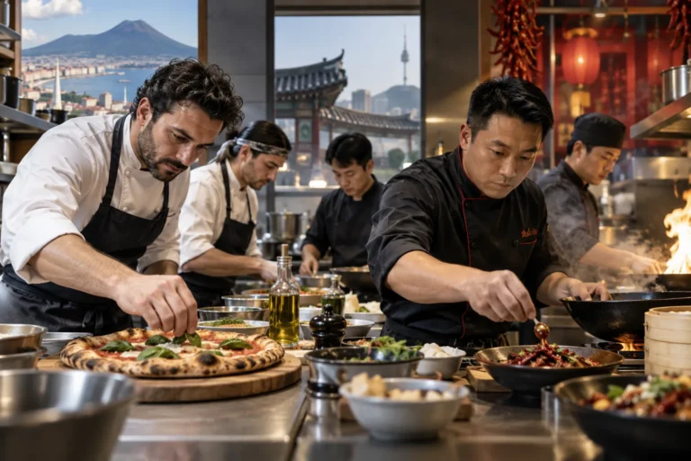 International chefs collaborating in a modern Korean restaurant kitchen