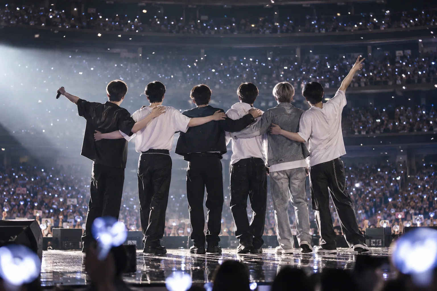 Six K-pop performers meeting again in an empty concert venue