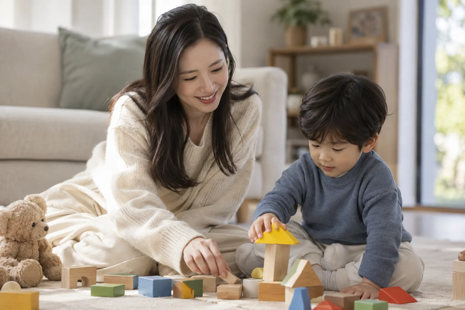 가족 거실에서 휴식을 취하며 유아를 돌보는 부모