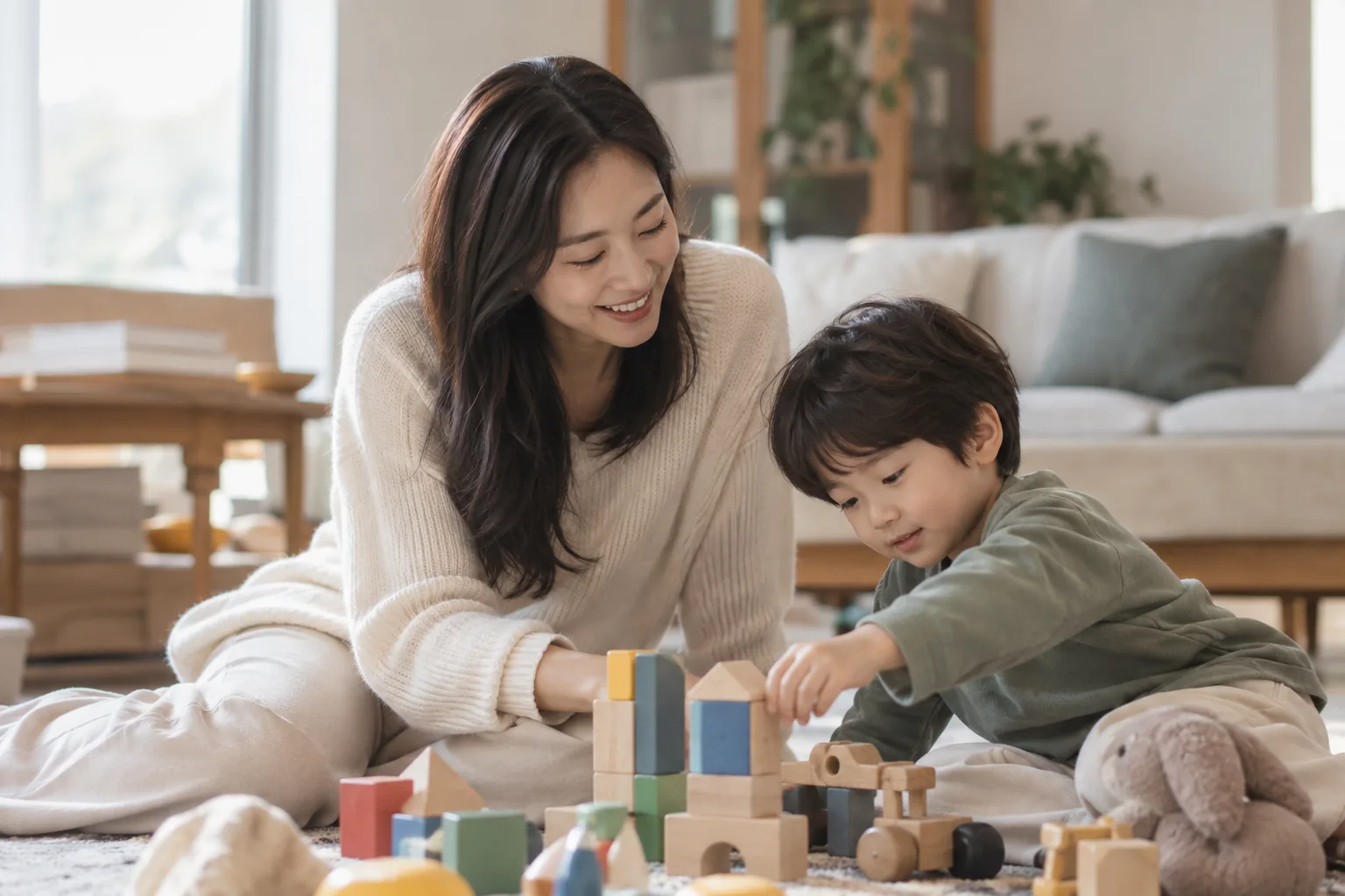 아늑한 집에서 부모와 대화하는 유아